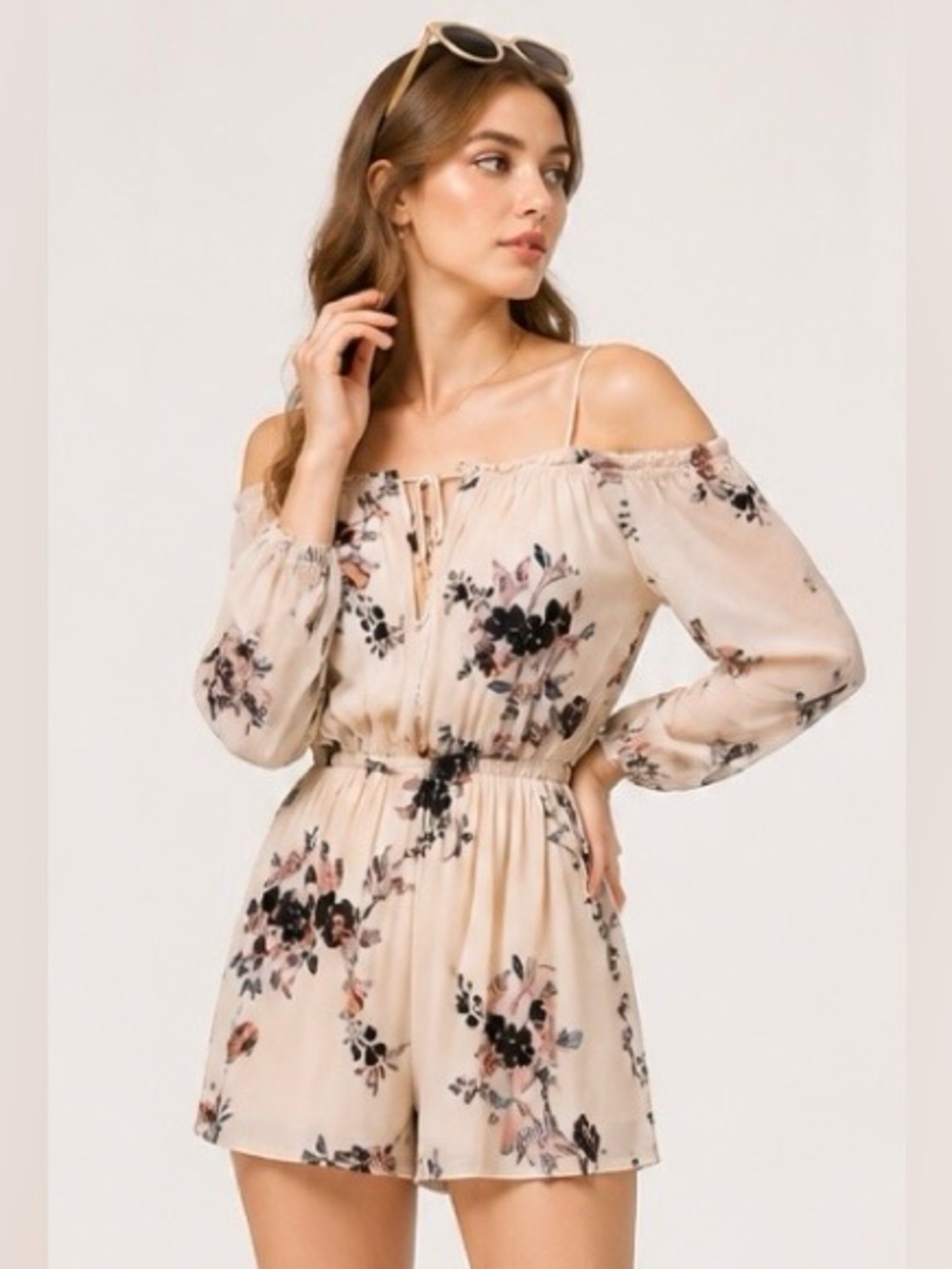 FREE PEOPLE Romper SO DIVINE Floral Pink Off Shoulder Crepe Boho Cruise XS